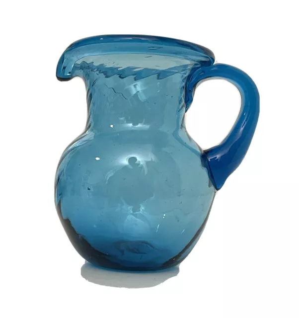 Vintage Hand Blown Swirl Glass Pitcher Blue w/Applied Handle