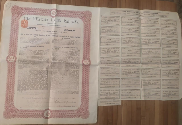 Mexico 1910 Mexican Union Railway RW 20 Pounds Coupons Bond Loan Obligation