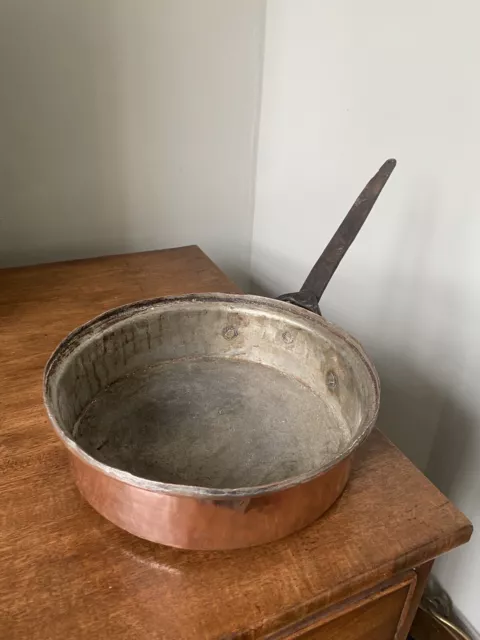 VINTAGE beaten copper pan with wrought iron handle