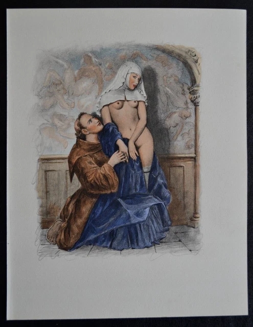 Lithographie Erotique Vers 1950 Femme Nue Erotisme Curiosa Nonnes Moines Orgie