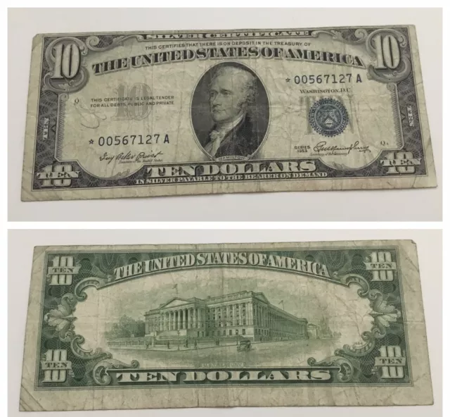 VINTAGE rare 1953 $10 SILVER CERTIFICATE STAR NOTE TEN DOLLAR BILL HAMILTON BLUE