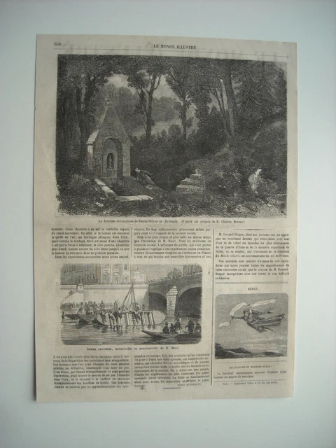Gravure 1861. Fontaine Miraculeuse De Sainte-Helene, Bretagne.  Bateau-Sauveteur