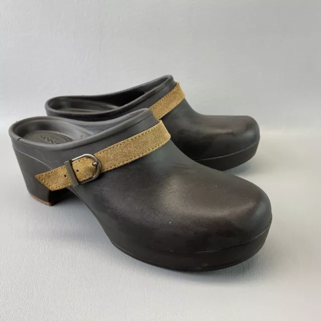 Crocs Sarah Women's 8M Brown Tan Leather Strap Buckle Clog Slip on Shoes 203631