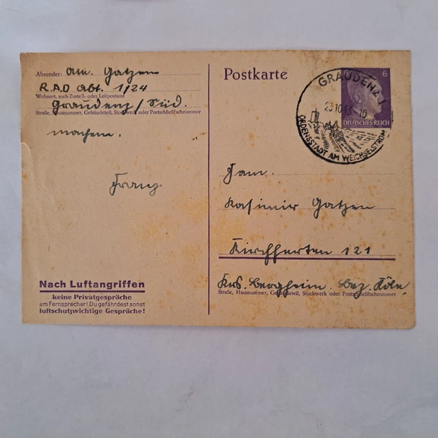 RAD--Feldpostkarte Wehrmacht, gestempelt 23. 10. 43