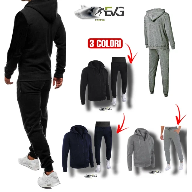Tuta Uomo Aperta Invernale Completo Sport In Felpa Elastica Cappuccio Slim Fit