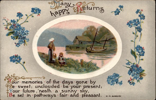 Many Happy Returns poem rural scene inset boat river blue flowers Winsch ~ c1910