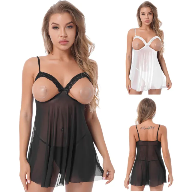 Womens Sexy Plus Size Lingerie Open Bras Nipple Split Babydoll Sleepwears