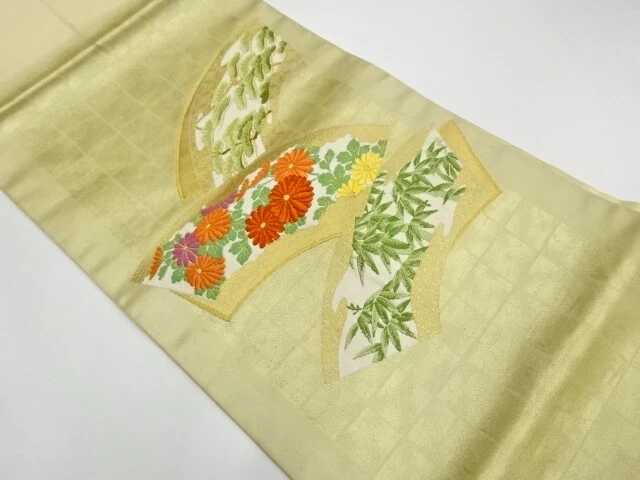 41230# Japanese Kimono / Vintage Nagoya Obi / Woven Bamboo Grass & Kiku