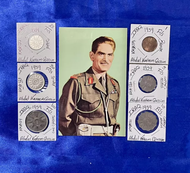 1959 IRAQ 1st REPUBLIC COIN LOT OF 6  COINS & POSTCARD  ABUDUL KAREEM QASSIM