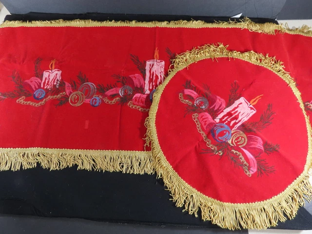2 Gorgeous Vintage Velvet Table Runner & Round Doily Christmas Set Rare B9072
