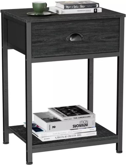 Nightstand with Fabric Drawer & Storage Shelf, Small Bedside Table Organizer for