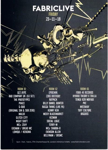 Fabric Rave FABRICLIVE RAVE FLYER 23/11/18 A6 Fabric London Get Hype Ratpack Glitch ...