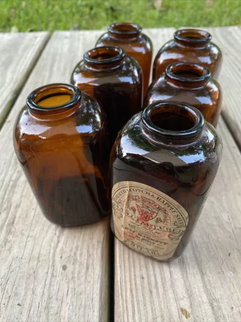 Lot of 6 Vintage Brown Amber Glass 4.5” Snuff Jars Bottles  Antique