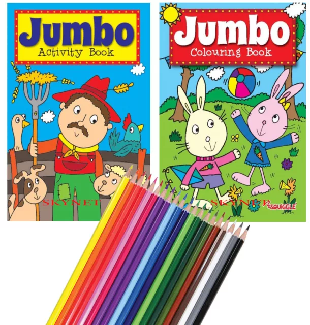 KIDS A4 Jumbo Activity Colouring Book Books Pencils OVER 144 PAGES