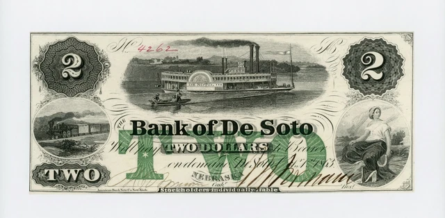 1863 $2 The Bank of De Soto, NEBRASKA Note - CIVIL WAR Era w/ SHIP AU