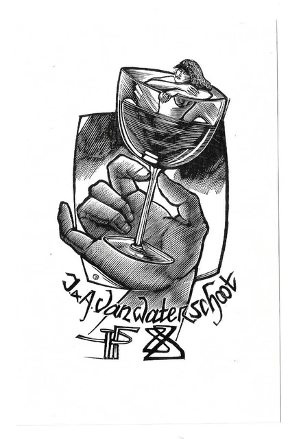 JAN MEEUS: Exlibris für J. + A. van Waterschoot, Akt im Weinglas