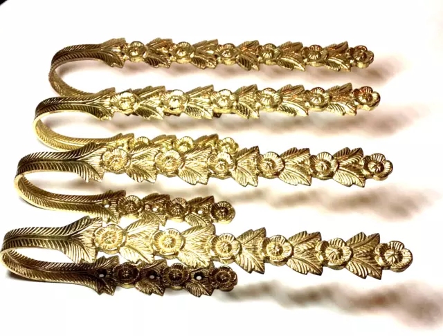 Vtg Solid Brass Floral Curtain Drape Tie Backs Holders Hooks Wall Mounted - 2 Pr