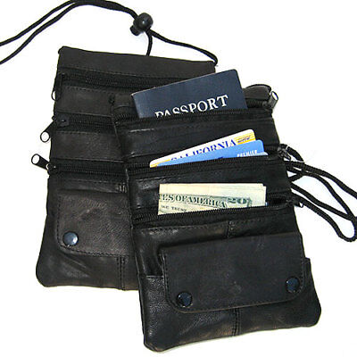 Black Genuine leather ID Travel Bag Neck Strap Lanyard Passport Holder 2