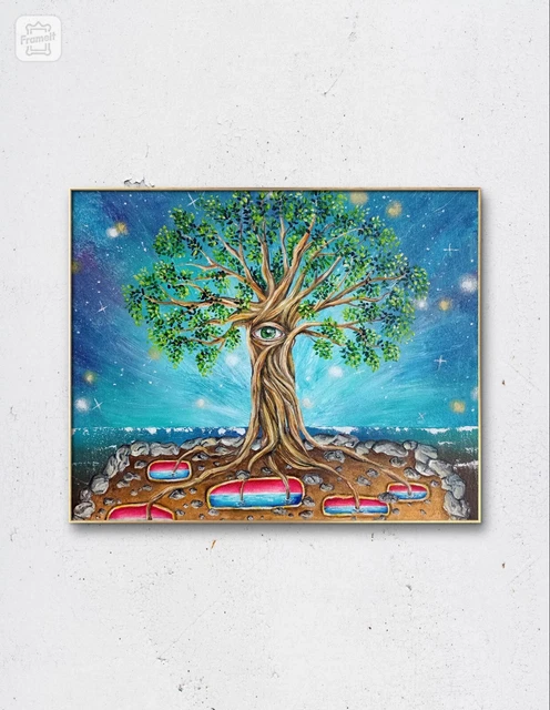 Dipinto A Mano Acrilico Su Tela, Dipinto Paesaggio Surreale, Albero Della Vita