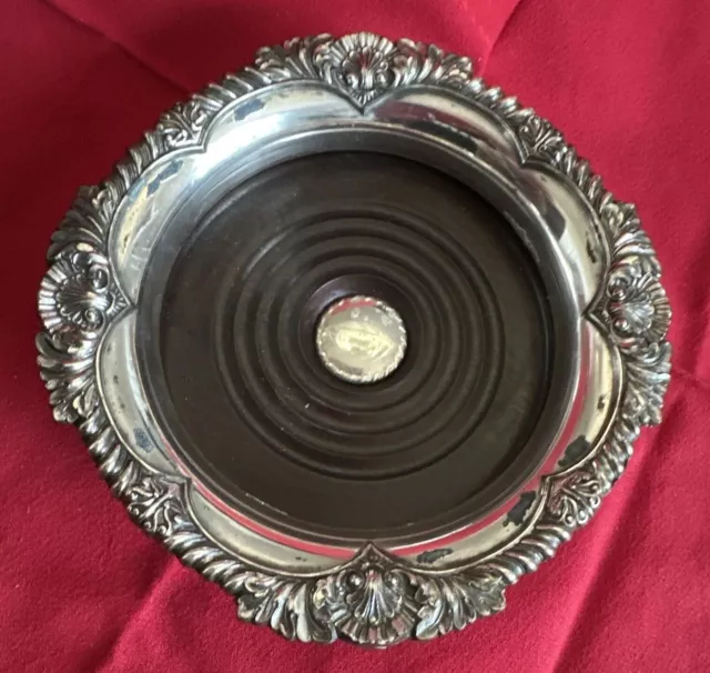 Large Vintage Silver Wine Coaster- Wood Base & Silver Plate- Hallmarked!
