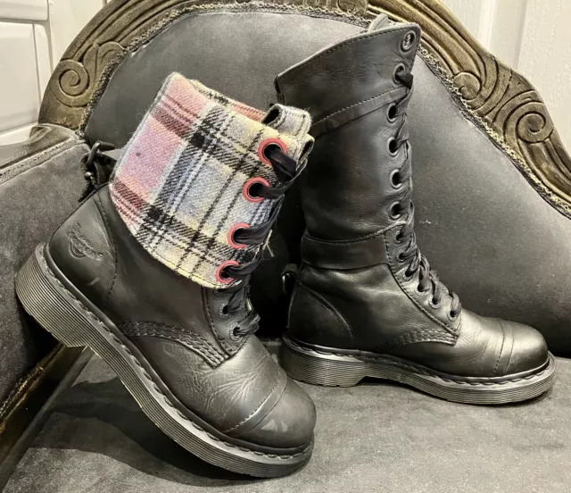 DR MARTENS AIMILITA Triumph UK size 3 Black leather boots with tartan linings 80.00 PicClick UK