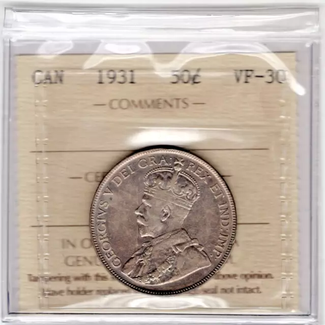 1931 Canada 50 Cents Silver Coin - ICCS Graded VF-30