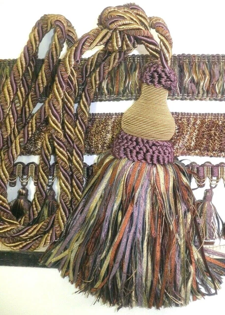 2 Drapery RIBBON TIE-BACKS 7 3/4"  PURPLE/BROWN/GREEN Curtain Fabric Trim W4504
