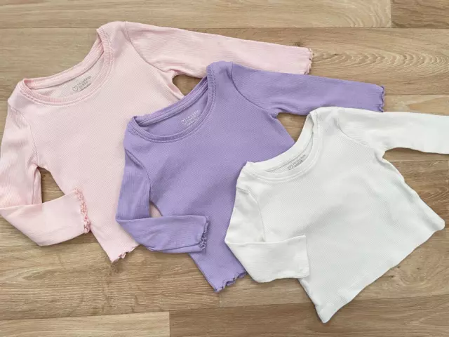 Baby Girl 3-6 months Primark 3 Long sleeve ribbed tops Pink Purple White