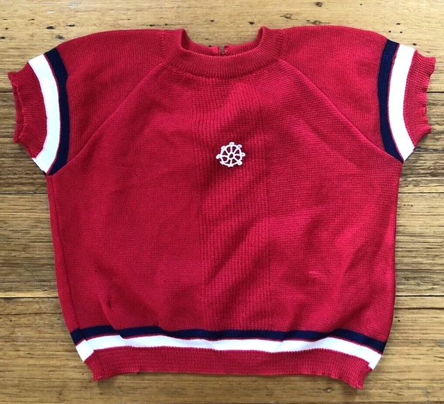 Vintage Baby Red Knit Top With Blue & White Stripes Est Size 1-2 Years