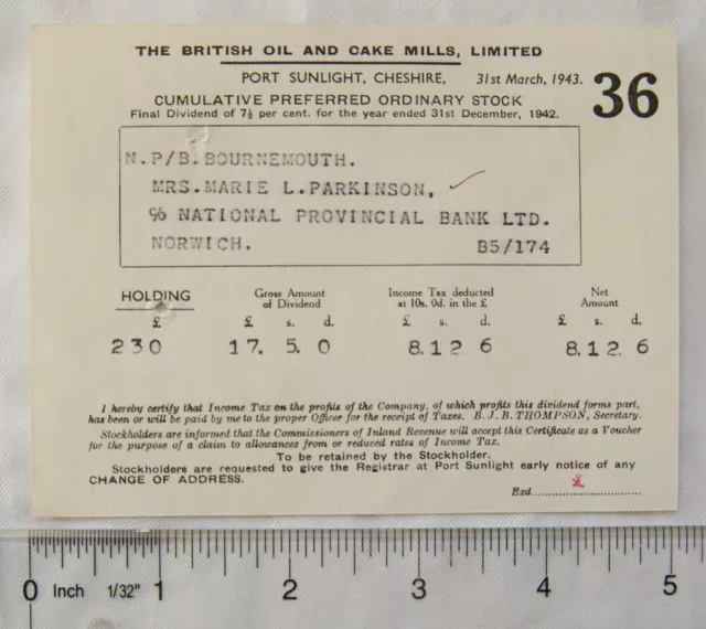 1943 dividend British Oil & Cake Mills, Port Sunlight