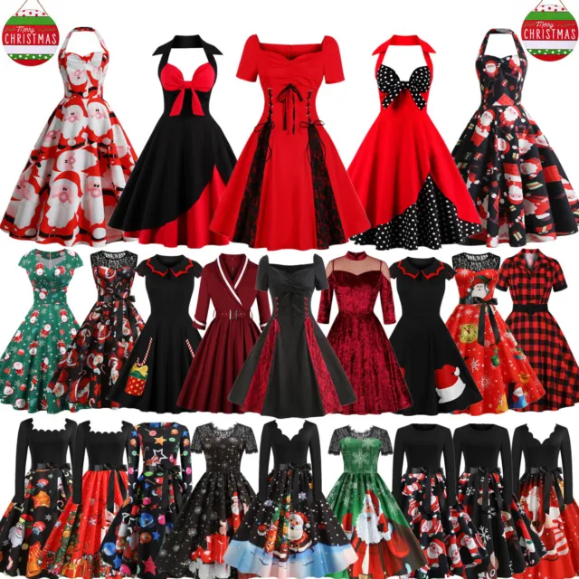 Womens Christmas A-Line Midi Dress Ladies Swing Xmas Party Vintage Fancy Dresses