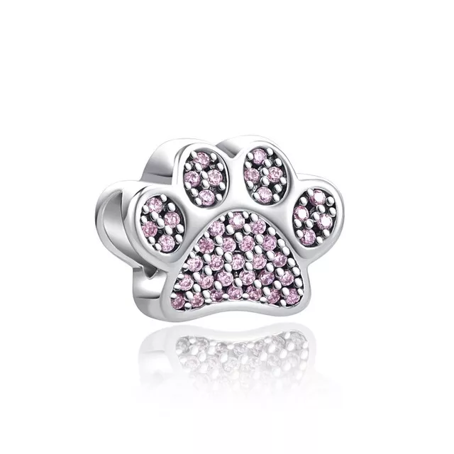 Pink CZ Dog Paw Print S925 Sterling Silver Bead Charm for Women Aunt Mum Nan