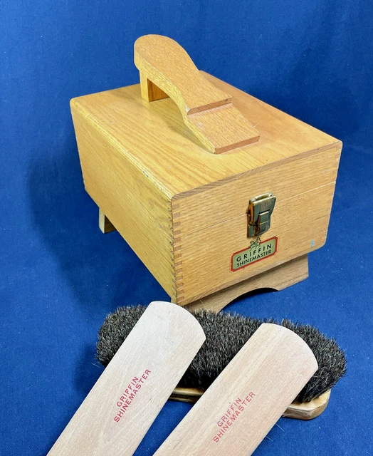 Vintage Griffin Shinemaster Shoe Shine Kit Wooden Dovetailed Oak Box and Brushes