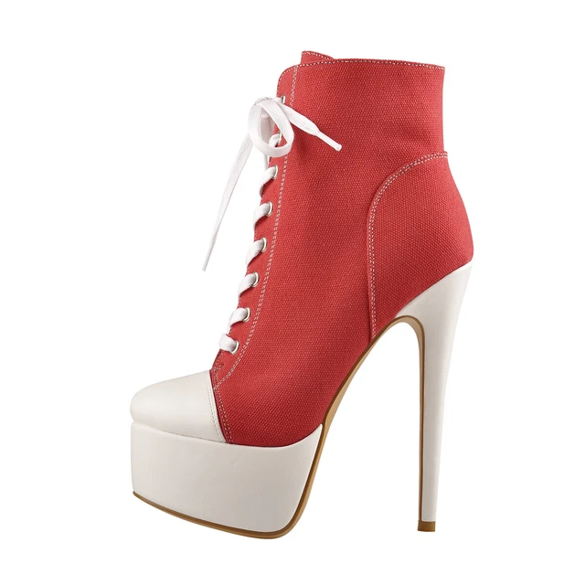 Red Canvas Sneaker High Heel Lace Up Patchwork Platform Ankle Boots Shoes US7