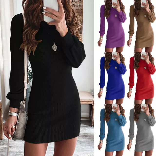 Donna Girocollo Mini Abito Aderente Manica Lunga Casual Lavoro Maglione USA