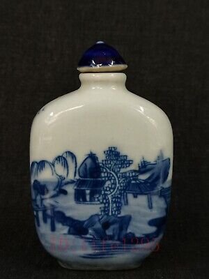 Collection Chinese Old blue-and-white Porcelain Landscape Figure Snuff Bottle