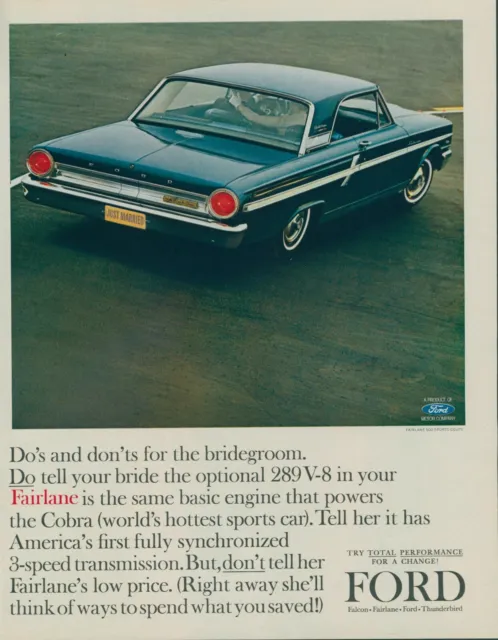 1964 Ford Fairlane 500 Sports Coupe Just Married Bridegroom Vintage Print Ad LO3