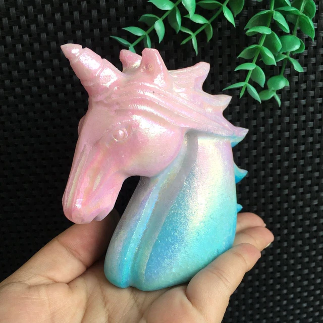 419g Titanium Pink Blue Aura White Jade Unicorn Carving Quartz Crystal Collect 6