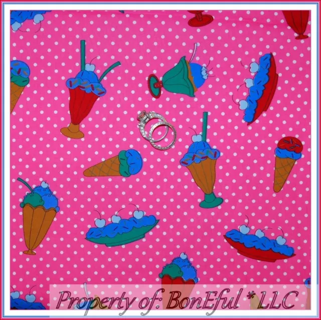 BonEful Fabric FQ Cotton Quilt VTG Pink White Dot Ice Cream Cone Cherry Birthday