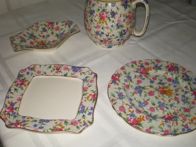 RARE Vtg 4 Royal Winton Grimwades OLD COTTAGE Chintz Pitcher Bread Plates Dish