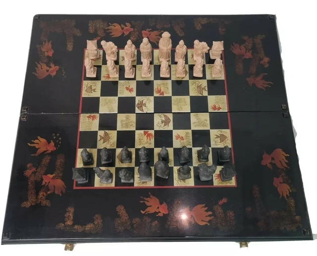 Groß Schachspiel Schach Backgammon China Figuren Asiatika Lack Malerei Vintage