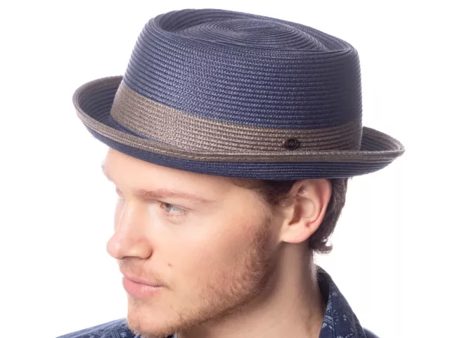 Men's Summer Straw /Poly Braid Pork Pie Fedora Brim Hat with Grosgrain Band