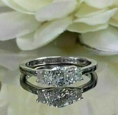14K White Gold Over 1 Ct Round Cut Simulated Diamond Three-Stone Engagement Ring