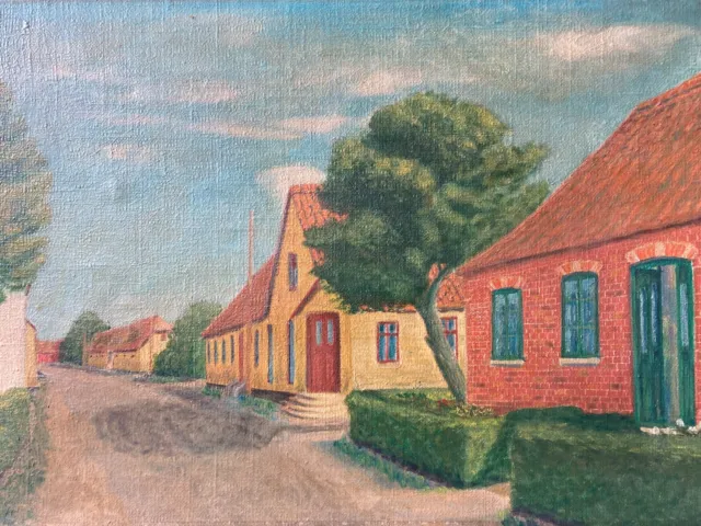 Pintura Al Óleo Calle de Pueblo Con Casas Y Vorgärten 46,5 X 65,5CM