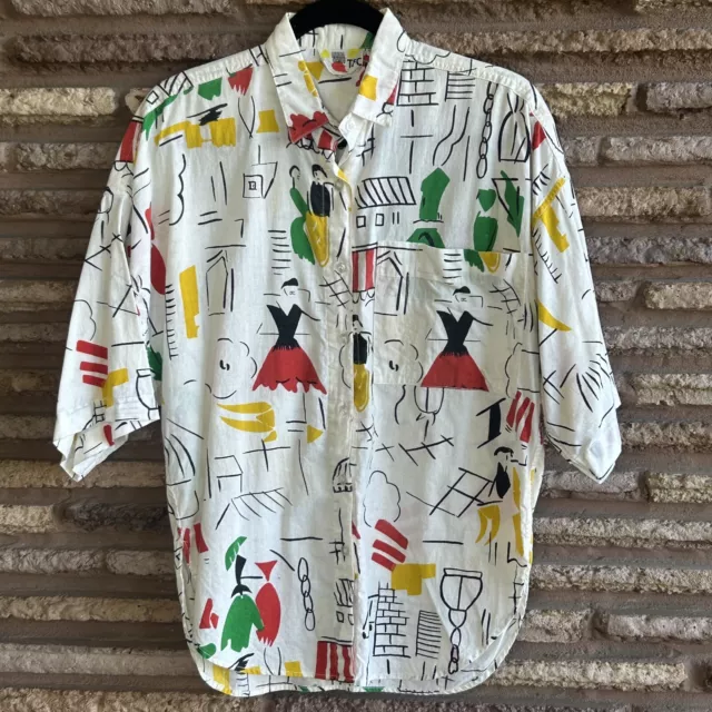 Vintage 80s TFC Abstract  People 100% Cotton Button Front Shirt Top Size Medium