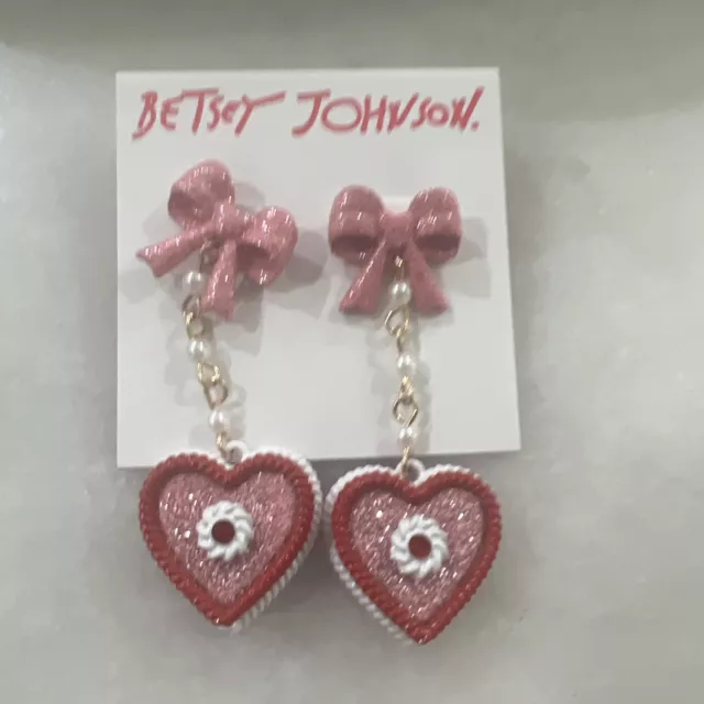 Betsey Johnson Baby Cakes Pink Bow & Pink Heart  Cakes Drop Earrings Faux Pearl