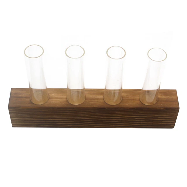 Vase Ampoule Hydroponique Avec Support Bois Massif - 3 Ampoules, Tige Métal Rotative | Décoration Bureau, Salon
