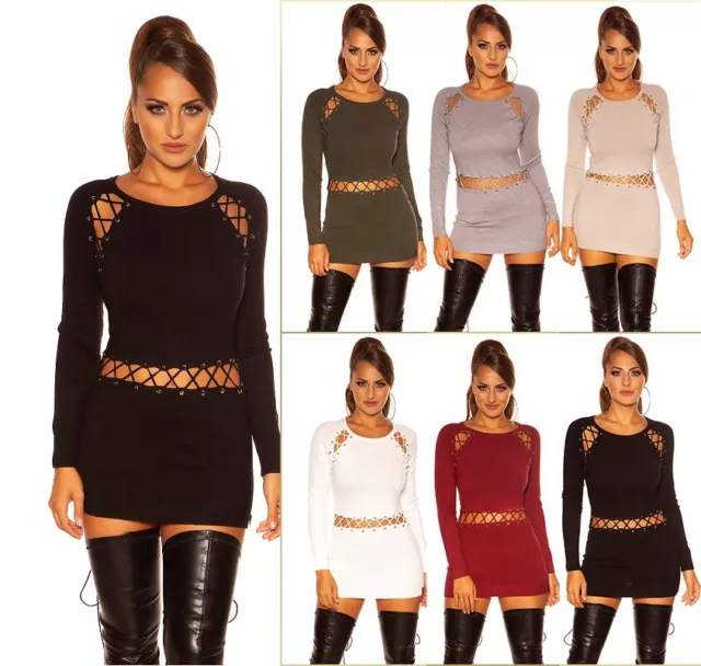 Koucla Vestito Mini Abito IN Maglia Pullover Maglione Lungo con Laccetti