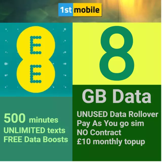 EE Pay As You Go Sim Cards, New Sealed UK retail packs 8GB data 10% off top ups