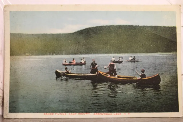 New York NY Greenwood Lake Camp Inkowa Canoe Tilting Postcard Old Vintage Card